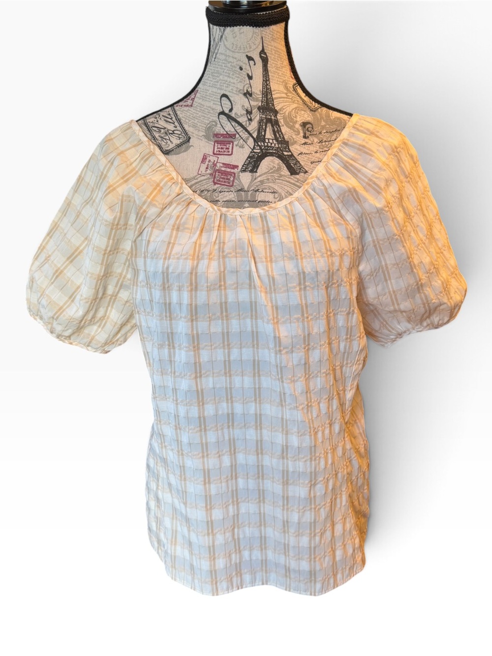 J.Crew Ivory & Tan Plaid Puff Sleeve V Back Blouse Size 6